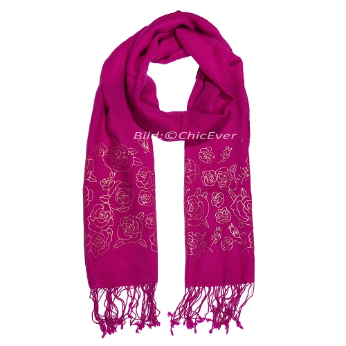 Schöner Schal aus 100% Wolle, 40cmx190cm, Rosen-Motiv, pink - zum Schließen ins Bild klicken